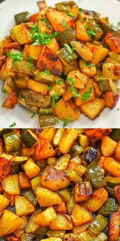 two plates with different types of food on them, one is cooked and the other has vegetables