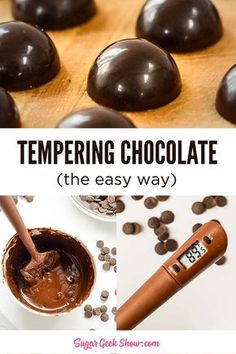 there are chocolates on the table and one has a spoon in it with text overlay that says, tempting chocolate the easy way