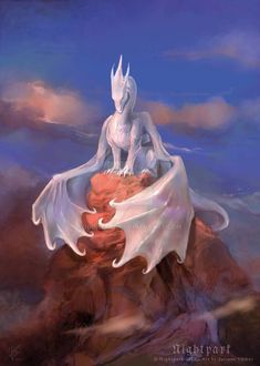 a painting of a white dragon sitting on top of a red rock with clouds in the background