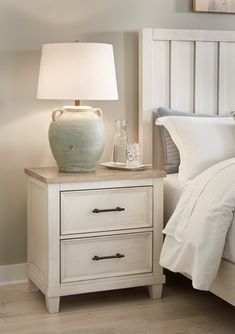 Shaybrock White Nightstand - Ornate Home Simple White Furniture Bedroom, White With Wood Top Nightstand, White Nightstand With Wood Top, Night Stand Refinishing Ideas, Light Bedroom Furniture Ideas, 2 Tone Nightstand, Cream Nightstand Bedside Tables, Cream Bedroom Furniture Ideas, Coastal Bedroom Furniture Ideas