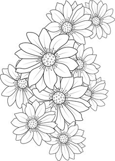 a bunch of flowers that are in the middle of a line art drawing style, with black and white lines