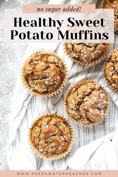 healthy sweet potato muffins with powdered sugar on top and text overlay