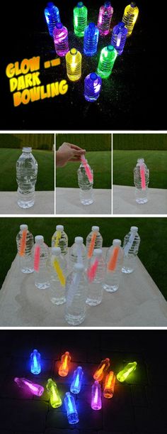 glow in the dark bowling game set up on a table with plastic bottles and neon lights