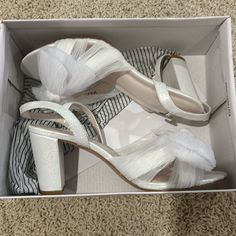 Cute White Wedding Heels. Super Comfortable. From David’s Bridal. Never Been Worn. Perfect Condition. Formal Synthetic Block Heel Wedding Shoes, Wedding Sandals With Round Toe In Synthetic Material, White Low Heel Sandals For Wedding, White Synthetic Block Heel Wedding Shoes, Formal Low Heel Synthetic Wedding Shoes, White Sandals For Spring Bridesmaid, White Sandals For Bridesmaid In Spring, Formal Wedding Shoes With Low Heel, White Bridal Accessories For Spring Formal