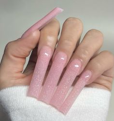 Long Square Acrylic Nails Pink Glitter, Plain Nails With Glitter, Chunky Pink Glitter Nails, Light Pink Glitter Nails Acrylic, Long Light Pink Nails, Long Pink Acrylic Nails, Glittery Pink Nails, Pink Glittery Nails, Pink Sparkle Nails