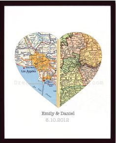 a heart shaped map is shown with the names of two towns in each country and an area