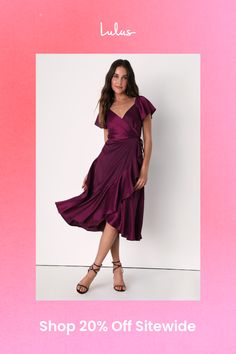 It's easy to look gorgeous when you've got a secret weapon like the Lulus Serene Sight Plum Purple Midi Wrap Dress! Lightweight, crinkle-woven fabric (with a subtle sheen throughout) shapes this elegant dress that has short flutter sleeves (with elastic at the shoulders) atop a surplice bodice with light gathering at the front. Overlapping skirt features tiered ruffles and falls to a slight high-low midi hem. Fit: This garment fits true to size. Length: Knee to mid-calf length. Size small measures 46" from shoulder to hem. Bust: Great for any cup size. Waist: Fitted - very fitted at natural waist. Hip: Not Fitted - fuller skirt allows room for hips. Undergarments: May be worn with any standard bra. Fabric: Fabric has no stretch. Lined. Dress measures 5. 5" longer at back. Shell: 100% Polye Plum Floral Dress, Elegant A-line Purple Midi Dress, Purple A-line Midi Dress For Cocktail, Wrap Dress With Ruffles, Purple V-neck Midi Dress For Evening, Purple A-line Cocktail Midi Dress, Wrap Dress Midi, Dress With Ruffles, Midi Wrap Dress