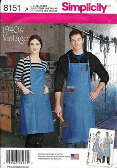 a man and woman in aprons standing next to each other