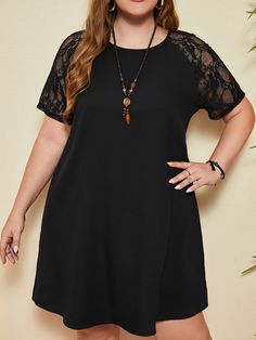 Black Casual  Short Sleeve Polyester Plain Tunic Embellished Non-Stretch Summer Plus Size Dresses Raglan Sleeve Dress, Plain Tunic, Casual Chique, Dream Outfits, Gothic Clothing, Swimming Costume, Vestido Casual, Gothic Outfits, Cat Drawing