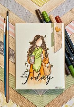 a card with a drawing of a girl holding a coffee cup and the words today on it