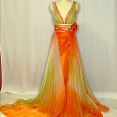 Multi Layered Double Faced Chiffon. Beaded Sash Flowers Can Be Removed. Rouched Top Deep V Neckline Orange Floor-length Evening Dress For Wedding, Ombre Gown, Orange Outfits, Rouched Top, Fire Fairy, Dresses Orange, Fairytale Fashion, Orange Outfit, Prom Colors