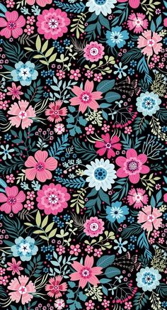 an image of a flowery pattern with blue and pink flowers on black background for wallpaper