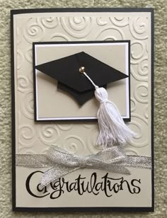 congratulations card with a graduation cap and tasseled ribbon on the front, in black and white