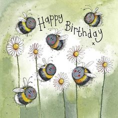 a happy birthday card with bees and daisies