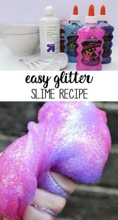 two pictures with the words easy glitter slime recipe in front of them and an image of