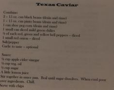 the texas caviar recipe is shown in black and white