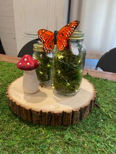 two mason jars filled with moss and a butterfly sitting on top of one glass jar