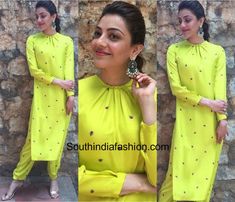 For the promotions of Nenu Raju Nenu Mantri, actress Kajal Aggarwal picked a neon green pair of separates by Raw Mango. Green Cotton Kurti, Mango Outfit, New Kurti Designs, Raw Mango, Churidar Designs