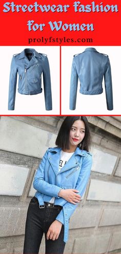 Make a smart casual look with this faux moto jacket for women street styles. Add a stylish accent to your outfits with a trendy biker chic coat which is comfortable and features long sleeves. Stylish yet affordable this cute motorcycle jacket for women is the perfect casual look for a streetwear outfit idea. This blue moto jacket is a trendy casual look for women spring streetwear. This casual women's jacket is great to create a cute girly outfit for spring fashion. #womenstyle #fashion #casual Affordable Chic H&m Outerwear, Cute Motorcycle, Casual Look For Women, Bikers Jacket, Spring Streetwear, Leather Jacket For Women, Outfit For Spring, Streetwear Outfit Ideas, Motorcycle Leather Jacket