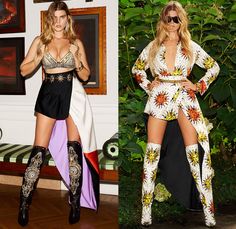 two women dressed up in costumes and one is wearing high heeled boots, the other has thigh high boots