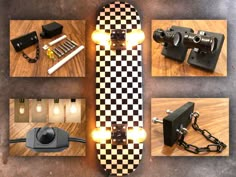 a skateboard with some lights on it sitting on a wooden table next to other items