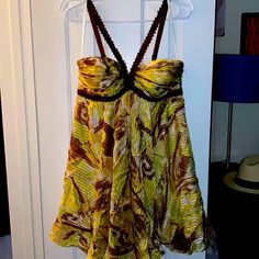 Brand New Bcbg Halter Dress Multicolor, Some Gold Accents Yellow Sundress For Cocktail Occasions, Elegant Yellow Lined Mini Dress, Chic Yellow Silk Mini Dress, Yellow A-line Mini Dress For Cocktail, Yellow Silk Mini Dress For Spring, Mexico Fits, Bcbgmaxazria Dresses, Cocktail Dresses, Gold Accents