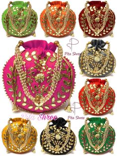 many different types of purses with gold, green and red designs on the sides