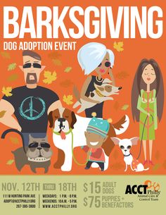 an advertisement for barksoving dog adoption event with two people and three dogs in the background