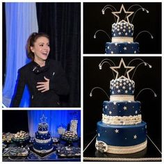 a woman standing next to a blue and white cake with stars on the top, surrounded by other pictures