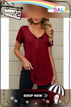 Burgundy Button Pleated Short Sleeve Top Casual Blouse With Buttons And Henley Neckline, Casual Henley Neckline Blouse With Buttons, Casual Blouse With Henley Neckline And Buttons, Solid Color Tops With Buttons For Day Out, Solid Tops With Button Closure For Day Out, Solid Tops With Buttons For Day Out, Pleated Shorts, Top Women, Women Tops