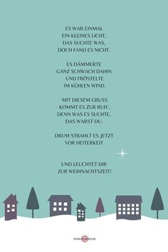 a christmas poem written in german on a blue background with small houses and evergreens