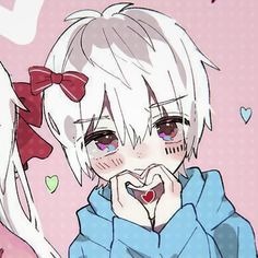 an anime character with white hair and blue eyes wearing a hoodie, standing in front of a pink background