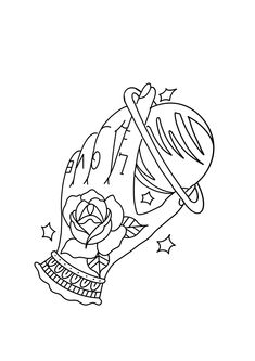 a black and white drawing of a girl with a rose on her arm holding a baseball bat