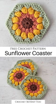 two crocheted coasters with flowers on them and the text, free crochet pattern sunflower coaster