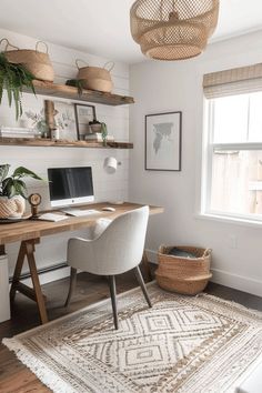 a home office with white walls, wooden shelves and an area rug on the floor