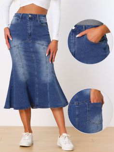 Shop Allegra K for fishtail denim washed midi jean bodycon skirt you are looking for, get more women's skirts for yourelf. Order now! Free Returns! Spring Stretch Bottoms With Mermaid Hem, Stretch Mermaid Hem Bottoms For Spring, Spring Mermaid Hem Stretch Bottoms, Midi Jean Skirt, Button Down Denim Skirt, Distressed Skirt, Midi Jeans, Classic Skirts, Midi Denim