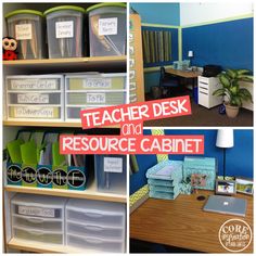 there are several different pictures with the words teacher desk and resources in each file cabinet