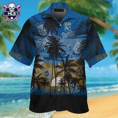 a blue hawaiian shirt with palm trees on the beach