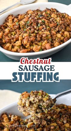 sausage stuffing in a white casserole dish with a serving spoon