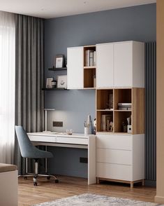 a white desk and chair in a room