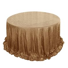 a round table covered in gold sequins and ruffled edges, on a white background