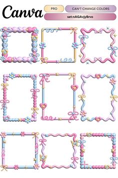 a set of four frames with hearts and bows on them, all in pastel colors