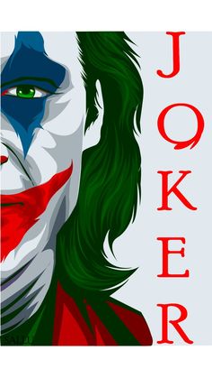 the joker movie poster with his green hair and red nose is featured in front of a white background