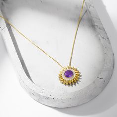 Ross-Simons - 2.50ct Amethyst, .10ct t. w. Diamond Sun Pendant Necklace Over Sterling. 18". This vivacious pendant necklace will make you the center of attention. An elegant 2.50 carat amethyst hosts an aura of .10 ct. t. w. diamonds, finished with 18kt yellow gold over sterling silver rays. With a noticeable presence, this necklace is for the gal who loves a fun accessory. Box chain. Springring clasp, diamond and amethyst pendant necklace. Amethyst birthstones are the perfect gift for February Purple Diamond Round Necklace, Purple Diamond Round Necklaces, Fine Jewelry Amethyst Necklace With Round Pendant, Fine Jewelry Amethyst Round Pendant Necklace, Luxury Amethyst Pendant Jewelry, Yellow Gold Amethyst Round Pendant Necklace, Luxury Amethyst Large Pendant Jewelry, Amethyst Birthstone, Amethyst Necklace Pendant