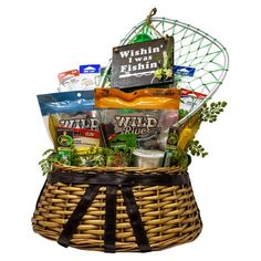 a basket filled with lots of food and snacks