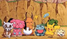 several pokemon characters are standing in front of a rock wall with mountains in the background