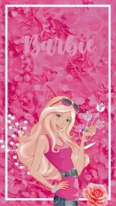 a girl with long blonde hair and sunglasses holding a flower in front of a pink background