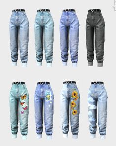 six pairs of jeans with sunflowers and butterflies painted on the side, all in different colors