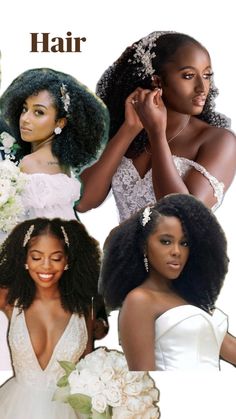 four different types of women in wedding gowns and bridal dresses, with the words hair above them