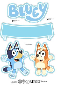 two stickers with the words bluey and an image of a dog on it